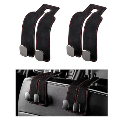 2 PCS Car Seat Headrest Hook, Back Seat Hanger with Double Flexible Leather Hooks, Soft Leather Double Headrest Metal Hooks Purse Handbag Organizer, Car Accessories (Black) - color: Black