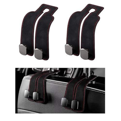 2 PCS Car Seat Headrest Hook, Back Seat Hanger with Double Flexible Leather Hooks, Soft Leather Double Headrest Metal Hooks Purse Handbag Organizer, Car Accessories (Black) - color: Black