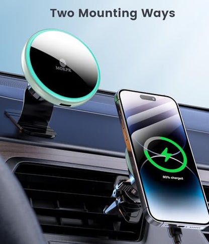 MOKPR for Magsafe Car Mount Charger-15W Wireless Car Charger-Magnetic Car Phone Holder for Dash Air Vent-LED RGB HandsFree Car Mount Fast Car Charger for iPhone 16 15/14/13/12 Series Green - color: Mint Green