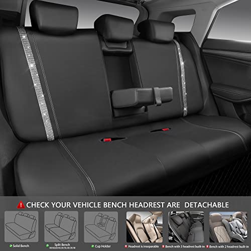 CAR PASS Bling Diamond Car Seat Covers Full Set, Shining Rhinestone Waterproof Faux Leather, Rear with Zipper, Universal Fit Automotive Glitter Crystal Sparkle Strips for Cute Women Girl, Silver - color: Black Diamond And Silver, size: Full Set