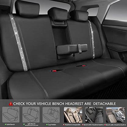 CAR PASS Bling Diamond Car Seat Covers Full Set, Shining Rhinestone Waterproof Faux Leather, Rear with Zipper, Universal Fit Automotive Glitter Crystal Sparkle Strips for Cute Women Girl, Silver - color: Black Diamond And Silver, size: Full Set