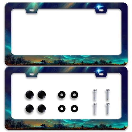 2pcs Personalise Aurora Night Sky License Plate Frame Scenery License Plate Frames Car Universal Stainless Steel Accessories Cars Decor With 2 Holes Screws Fits Standard Us Vehicles Size 12.2 X 6 Inch - color: Aurora Night Sky