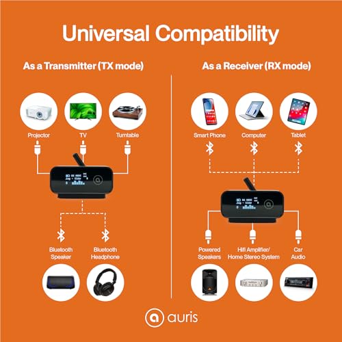 Auris Blume Duo HiFi Bluetooth 5.0 Music TV Transmitter & Receiver Long Range Wireless Adapter | Audiophile DAC, LDAC, aptX HD/LL, Display, Battery & Optical AUX Output Input for Stereo Amplifier Car