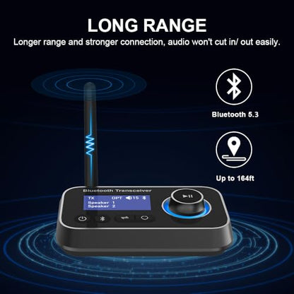 Bluetooth 5.3 Transmitter Receiver for 2 Headphones 3-in-1 Audio Adapter with Bypass Low Latency LCD Display ON/OFF Switch Volume Control Optical AUX RCA for Headphone Speaker TV Home Stereo - color: Black Grey