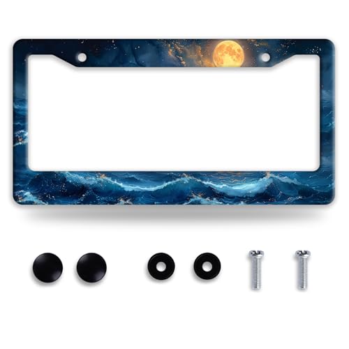 Blue Ocean Wave License Plate Frame Moon License Plate Stainless Steel Funny Auto Accessory Bracket 6.3 x12.3 Inch with Screws - color: Ocean Wave Moon