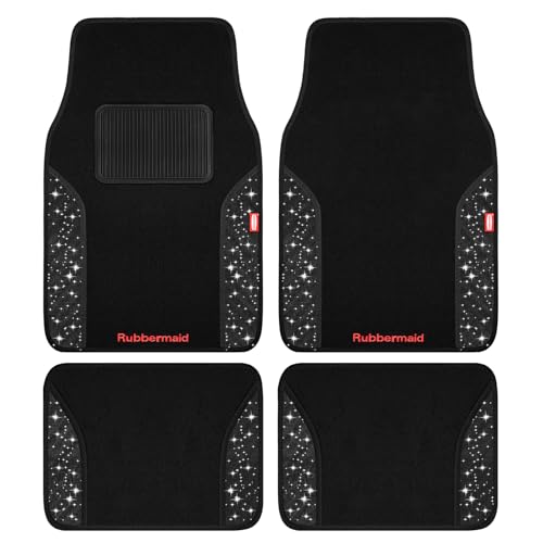 Rubbermaid Bling Car Mats, Carpeted Floor Car Mat with Faux Leather & Built-in Heel Pad, Two-Tone Car Rug Floor Mats, Stylish Carpeted Floor Mats for Cars, Trucks & SUVs Glitter Black Color - color: Glitter Black