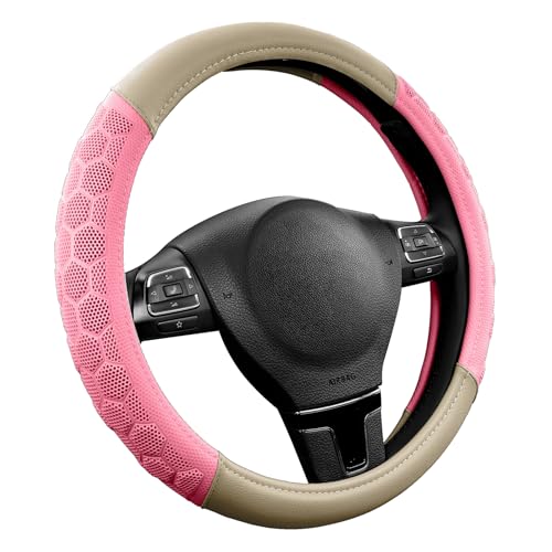PIC AUTO Massage Steering Wheel Cover, Pink Football Pattern Material Spliced & Beige Leather Car Steering Wheel Cover, Car Steering Cover, Universal Fit 14.5"-15.5" for Cars, Trucks, Van, SUVs - color: Beige