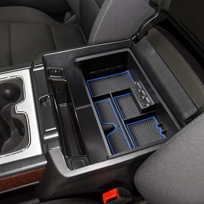 EDBETOS Center Console Organizer Tray Compatible with GMC Sierra 1500 Accessories/Silverado 1500 2014-2018 / Silverado 2500/3500 HD 15-19 /Suburban/Tahoe/Yukon 15-20 Armrest Storage Box (Blue Trim) - color: Blue