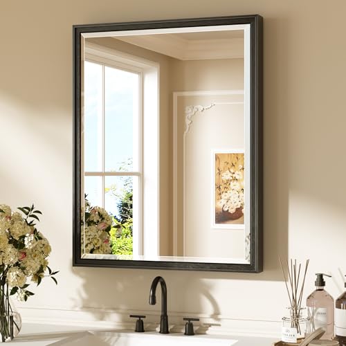 Keonjinn 24" x 30" Black Bathroom Vanity Mirror, Black Metal Framed Mirror with Beveled Edge, HD Tempered Glass, Shatterproof, Retro Rectangular Wall Mirrors Square Corner, Hallway, Entryway Decor - color: Black, size: 30"L x 24"W