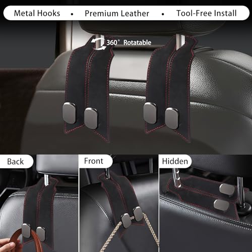 2Pcs Car Headrest Hooks with Premium Leather, Upgraded Double Metal Hooks with Anti-Drop Design, Universal Back Seat Hanger for Bags, Coats, Purses and Groceries (Classic Black) - color: Classic Black 2Pcs