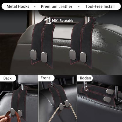 2Pcs Car Headrest Hooks with Premium Leather, Upgraded Double Metal Hooks with Anti-Drop Design, Universal Back Seat Hanger for Bags, Coats, Purses and Groceries (Classic Black) - color: Classic Black 2Pcs
