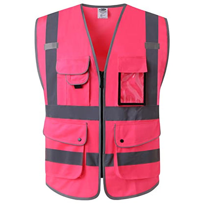 JKSafety 9 Pockets Class 2 High Visibility Zipper Front Safety Vest With Reflective Strips, Meets ANSI/ISEA Standards (Medium, 150-Pink) - color: Pink, size: Medium