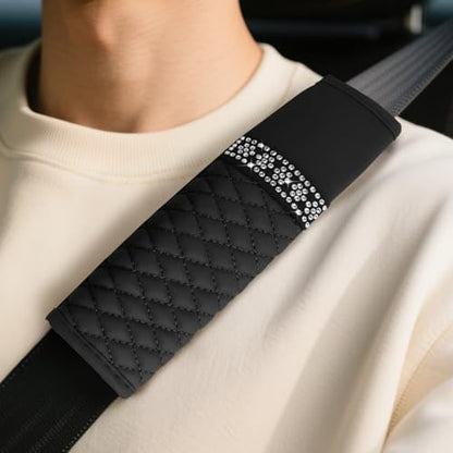 wuyaoyao 2PCS Bling Car Seat Belt Cover Pad, Breathable Leather Seatbelt Covers for Cars, Soft Comfortable Seatbelt Shoulder Strap Covers, Rhinestone Auto Seat Belt Protector Cushion (Black) - color: Black