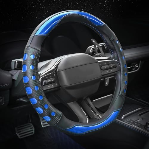 Valleycomfy PU Leather Steering Wheel Cover for Women and Men,Anti-Slip Finish Universal 14.5-15 Inch for Medium Size Auto Car,Blue - color: Blue