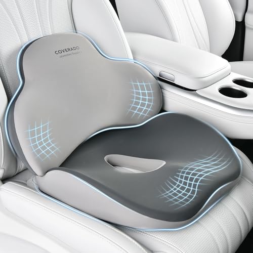Coverado Car Seat Cushion and Lumbar Support Pillow, Memory Foam Ergonomic Back Support Driving Seat Cushion for Sciatica, Tailbone, Back Pain, Non-Slip Washable Cushion for Car, Driver, Office - color: Gray, size: 2 Peices