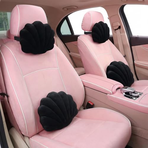 Geelin 4 Pcs Cute Seashell Car Headrest Pillow Kawaii Lumbar Support Pillow for Drive Travel Plush Shell Car Seat Support Cushion Soft Neck Cushion for Pain Relief Home Office Accessories (Black) - color: Black