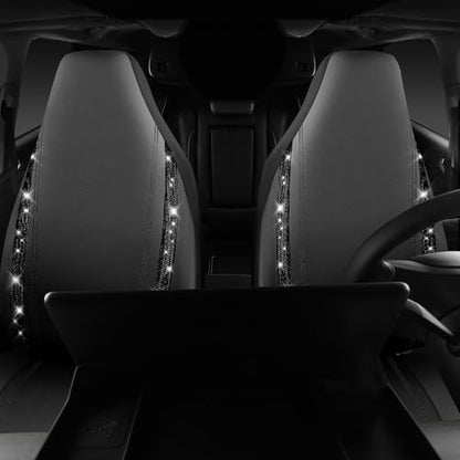 CAR PASS Leather Car Seat Covers High Back Bucket Bling Diamond Front Seats, Waterproof Universal Shining Glitter Crystal Sparkle Fit Model 3 Tesla Model Y, Truck SUV Cute Women Girl, Black Rhinestone - color: Black Rhinestone, size: Two Front Seats