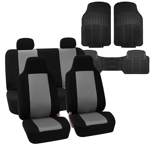 FH Group FH-FB102114 Full Set Classic Cloth Car Seat Covers Gray/Black Color with F11306 Vinyl Floor Mats - Fit Most Car, Truck, SUV, or Van - color: Gray, size: Seat cover & Floor mat