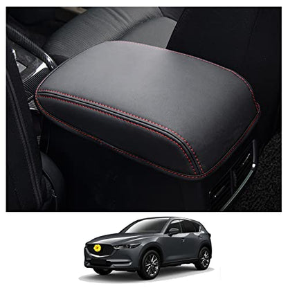 CDEFG 2024 2025 CX-5 Center Console Cover Armrest Pad Compatible with 2018-2023 2024 2025 Mazda CX5 CX-5 Console Lid Protective Cover Black Leather Scratch Resistance (Red Line) - color: Red Stitches for 2018-2025 CX-5