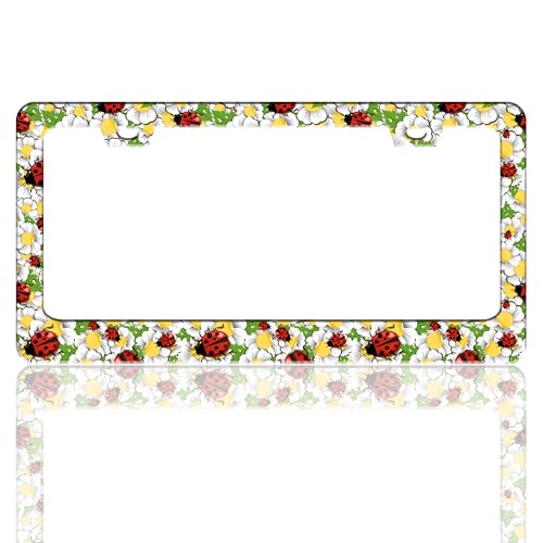 Red Black Ladybug Flowers License Plate Frame Cute Bug Stainless Steel License Plate Holder for Front and Rear Car Tags Funny for Car Decoration Accessories with Screws 6.3 X 12.2 in for Women Men - color: Ladybug Flowers