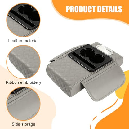 Car Armrest Cushion, 5-in-1 Nappa Leather Vehicle Centre Console Cover with 2 Storage Pockets, Cup Phone & Phone Holder, Multifunctional Auto Organiser Accessories, Universal Fit (Gray) - color: Gray