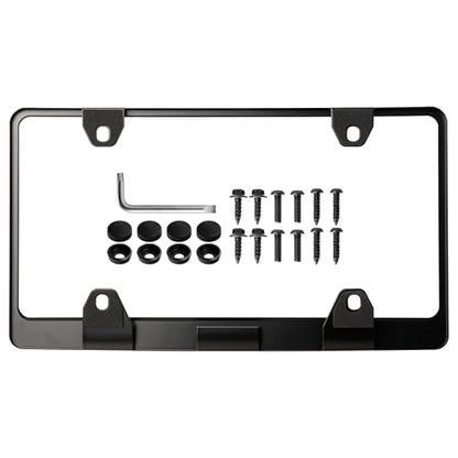 Corvette License Frame – Stealth Black Powder Coat UV Resistant Rust-Proof Steel Plate Holder - One Piece - Compatible with Chevrolet Corvette Chevy C5 C6 C7 C8 (3D RAISED LETTERS w/ MOUNT HARDWARE)