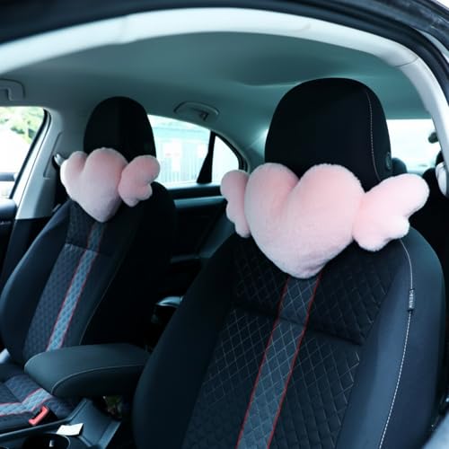 Macarrie 2 Pcs Plush Heart Shaped Pillow with Angel Wings Car Headrest Soft Comfortable Seat Pillow for Driving Travelling Room Office Car Decor, 19.7 x 8.3 Inch(Pink) - color: Rose Red