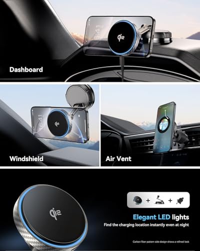 Q2 15W for Magsafe Car Mount Charger, [78+LBS Stronger Vacuum Suction] 360° Adjustable & Fast Charging Magnetic Phone Holder for Vent/Dashboard/Windshield/All Car Surface