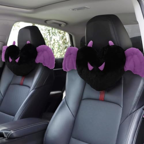 Sexysamba 2 Pcs Heart Shaped Car Headrest Pillow Devil & Angel Wings Neck Pillow Cute Car Seat Decor Neck Support Cushions for Travel Sleeping, Driving, Home, Office, Purple Devil - color: Purple Devil