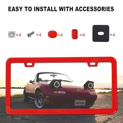 Red License Plate Frame, Premium Matte Aluminum Alloy Holder with 2 Holes, 2 Pack Waterproof Rust-Proof Universal Car Frame, Including Screws, Caps and Rattle Proof Pads - color: Red