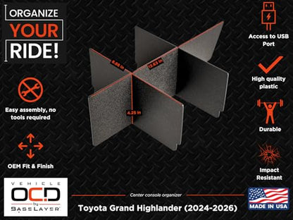 Vehicle OCD - Center Console Organizer for Toyota Grand Highlander (2024-2026) - Made in USA - SLX198 - size: Grand Highlander 2024-2026