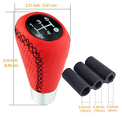 Shifter Knob 5 Speed Red Leather Gear Lever Stick Manual Shift Handle Replacement Fit Most Cars, Black Stitched - color: Red Leather with black stitching