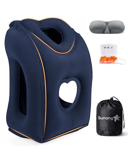 Sunany Travel Pillow, Upgraded Plane Pillow for Long Flights, Inflatable Neck Pillow Used for Airplanes,Cars,Buses,Trains,Office Napping with Eye Mask,Earplugs (Blue) - color: Blue (Head Heart-shape&sloping Base)