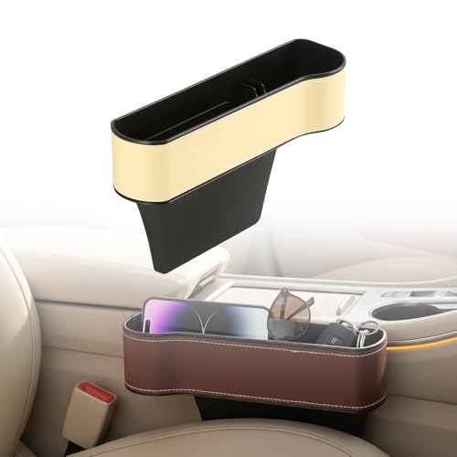 Car Seat Gap Filler Organizer, 2026 New Premium Leather Console Organizer for Holding Phone, Sunglasses, Auto Console Side Storage Box with Cup Holders 2 Seat Hooks for Drink (Beige, Passenger Seat) - color: Beige, size: Passenger Seat