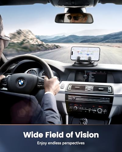360 Degree Rotation Dashboard Phone Holder for Car, Anti-Slip Grips & One-Hand Operation Car Cell Phone Mount with Adjustable Spring Clip, Compatible with iPhone Samsung All Smartphones