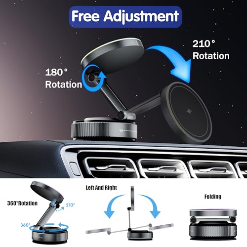 Magnetic Phone Holder for Car Wireless Charging, 15W Fast Wireless Car Charger with Vacuum Suction, 360° Adjustable Magnetic Mount for Dashboard & Windshield, Hands-Free for MagSafe iPhone & Android - size: General