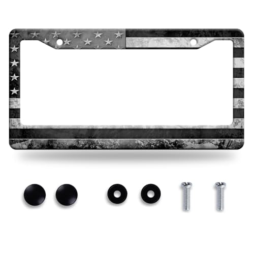 Grey Black American Flag License Plate Frame Vintage USA Flag License Plate Stainless Steel Funny License Plate Holder Patriotic Car Accessory Car Decoration 12.3" x 6.3"for Men Women - color: Grey Black American Flag USA Flag