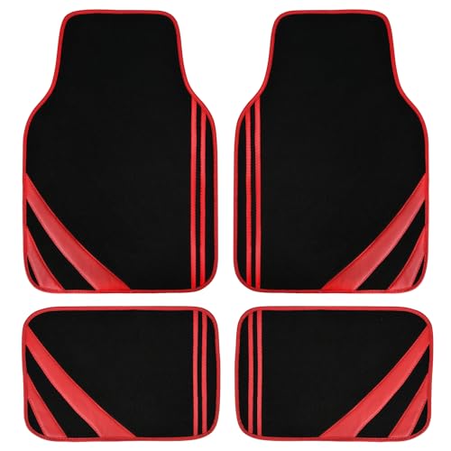 CAR PASS Red Edge Leather Car Floor Mats, Universal Waterproof Car Mats with Double Stitch Line and Anti-Slip Backing Design, for Cute Girly Women, Fit 95% Automotive,SUVs,Sedan,Vans (Black and Red) - color: Black and Red