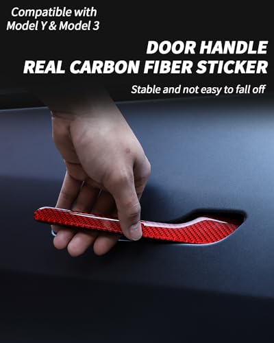 Carbon Fiber Door Handle Cover, Door Handle Protective Cover Decoration Compatible with Tesla Model Y/3 Accessories (2017-2025) Highland & Juniper Compatible (4 Pieces) (Red with drip) - style: Red with drip