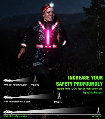 Led Light Up Running Vest Reflective Vest for runners night walking, Rechargeable Reflective Running Vest High Visibility - color: Pink