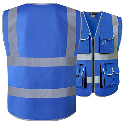 JKSafety 10 Pockets High Visibility Zipper Front Blue Safety Vest with High Reflective Strips Meets ANSI/ISEA Standards (Medium, 88-Blue) - color: Blue, size: Medium