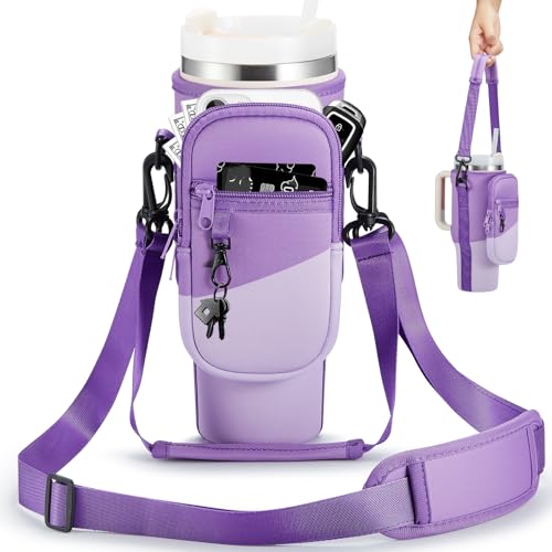 BULKITEM Water Bottle Carrier Bag with Phone Pocket for Stanley 40 & 30 oz Tumbler with Handle,Pink Insulated Neoprene Cup Holder Pouch w/Adjustable Strap for Quencher H2.0 Stanley Cup Accessories - color: Gradient Purple, size: 30oz