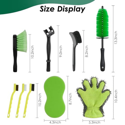 9 Pack Motorcycle Cleaning Kit, Motorcycle Detailing Kit with Chain/Wheel/Rim/Tire Brush, Sponge, Wash Mitt, Detailing Brush, Professional Cleaning Tool for Motorcycle Bike