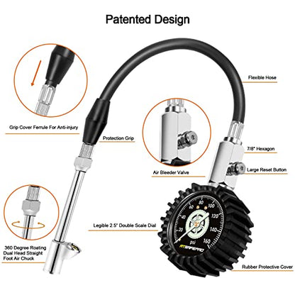 ATsafepro Tire Pressure Gauge 160PSI, Dual Head Air Pressure Gauge for Truck, Semi Truck, ATV, RV & Motorhome with Dually Tires, Heavy Duty Tire Pressure Gauge… - size: 160psi