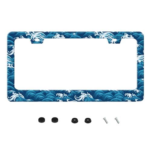 Ocean Waves License Plate Frame Funny Beach Sea Wave Stainless Steel License Plate Frames Auto Parts Decoration with Screws License Plate Holder for Men Women 12x6 Inch - color: Ocean Waves, size: one size