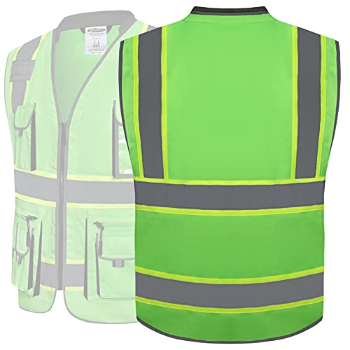 JKSafety 10 Pockets Hi-Vis Zipper Front Fluorescent Green Safety Vest | Cushioned Collar | High Reflective Tapes with Extended Neon Yellow Strips | Meets ANSI/ISEA Standards (Medium, 89-Green) - color: Greent1s1, size: Medium