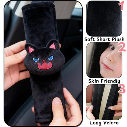 2 PCS Seat Belt Cover Pad, Cute Kawaii Animal Cat Seatbelt Covers for Kids, Soft Seatbelt Cushion, Car Seat Strap Pads (Black) - color: Black