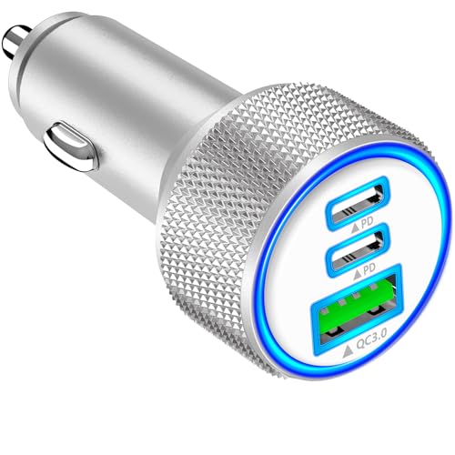 USB C Car Charger, Rombica 3Port 67W Dual USB-C&USB-A Car Power Cigarette Lighter USB Charger Adapter PD/QC Type C Car Charger Fast Charge for iPhone 17 17 Pro 16 15 14 13 12/Galaxy S26 S25/Pixel/iPad - color: Shimmery Silver