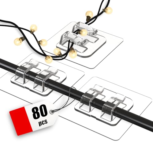 Hooks for Outdoor String Lights, 80 Pack Heavy Duty Cable Clips, Damage Free Cord Clips, Waterproof and UV-Resistant, Clear Self-Adhesive Hooks for Hanging Christmas Lights Outdoor and Patio Decor - size: 80 pcs hooks