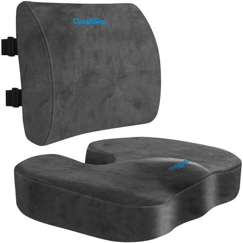 CloudBliss Lumbar Support Pillow & Seat Cushion Set for Office Chair, Desk Chair, Wheelchair & Car – Memory Foam Back Support, Ergonomic Chair Cushions, Sciatica Pain Relief, Home Essentials, Grey - color: Grey, size: Large